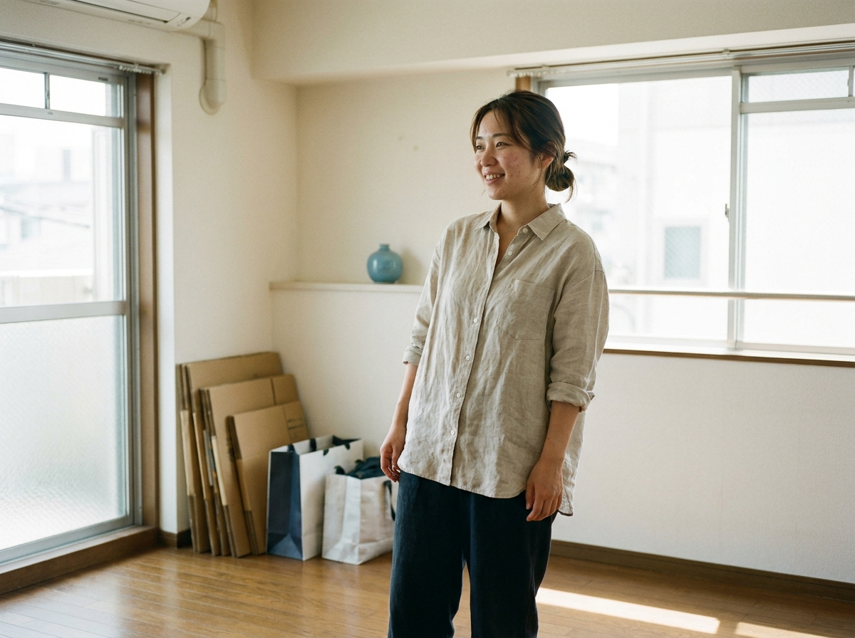 片付いてすっきりした部屋でくつろぐ女性