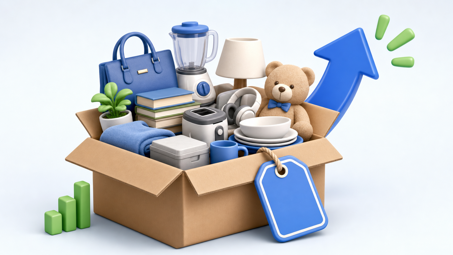 さまざまな不用品がひとつの箱にまとまり、まとめて1つの価格がつくイメージ