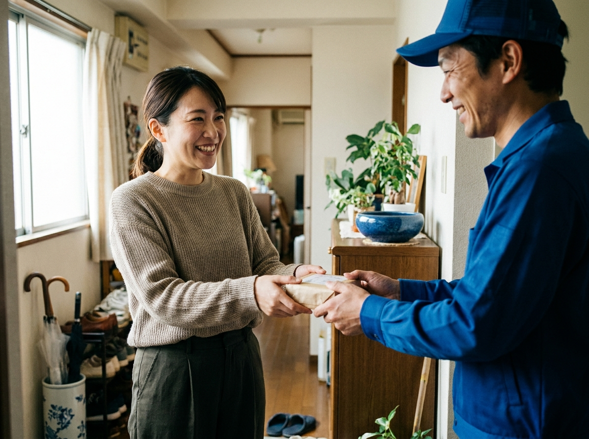玄関先で品物を引き渡す女性