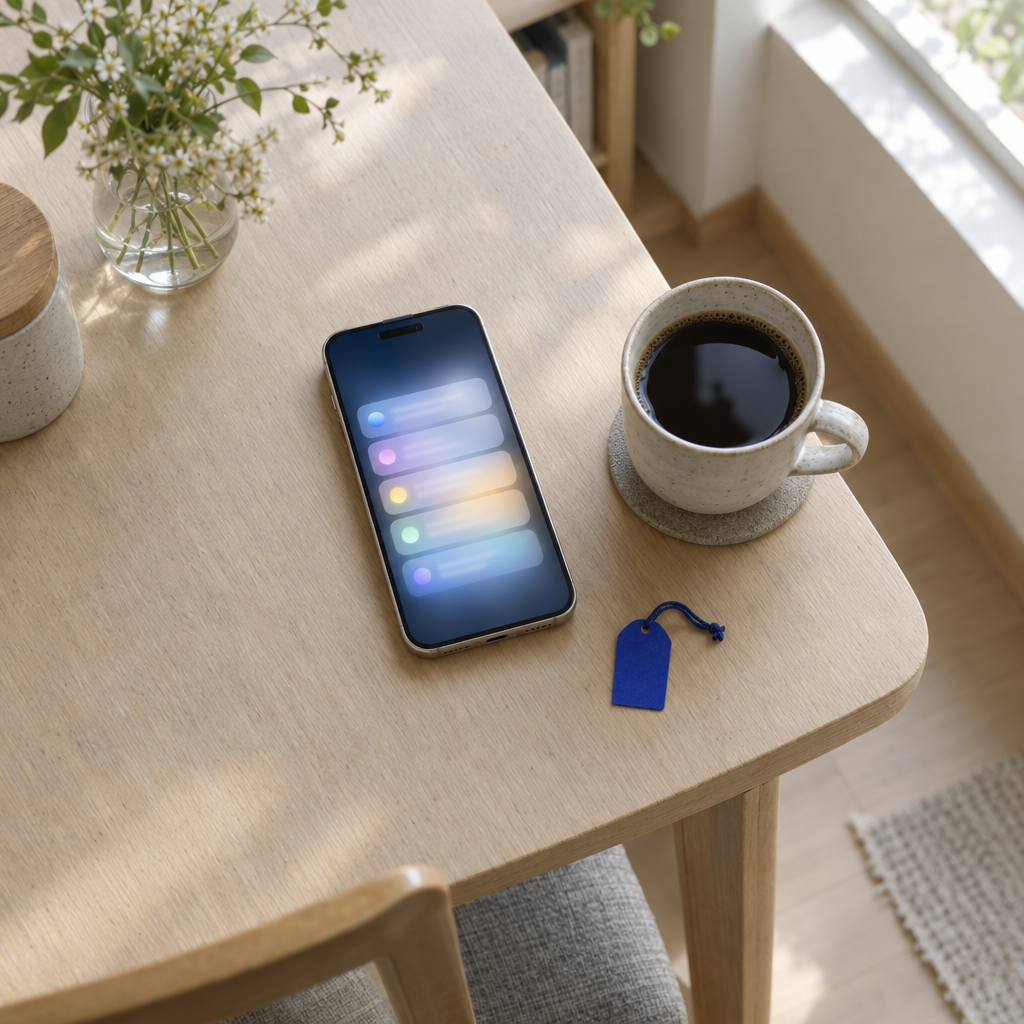 食卓のスマートフォンに、届いた査定の通知が並ぶイメージ