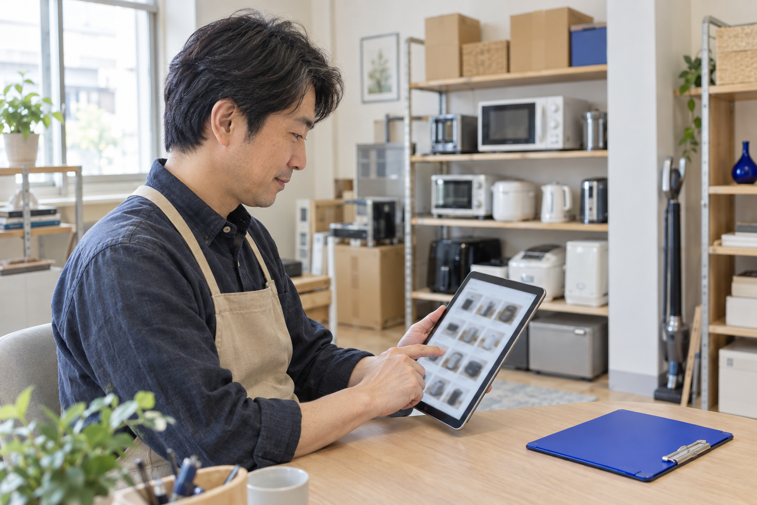 買取店の事務所で、届いた出品内容（写真と品目）をタブレットで確認する店主（イメージ）