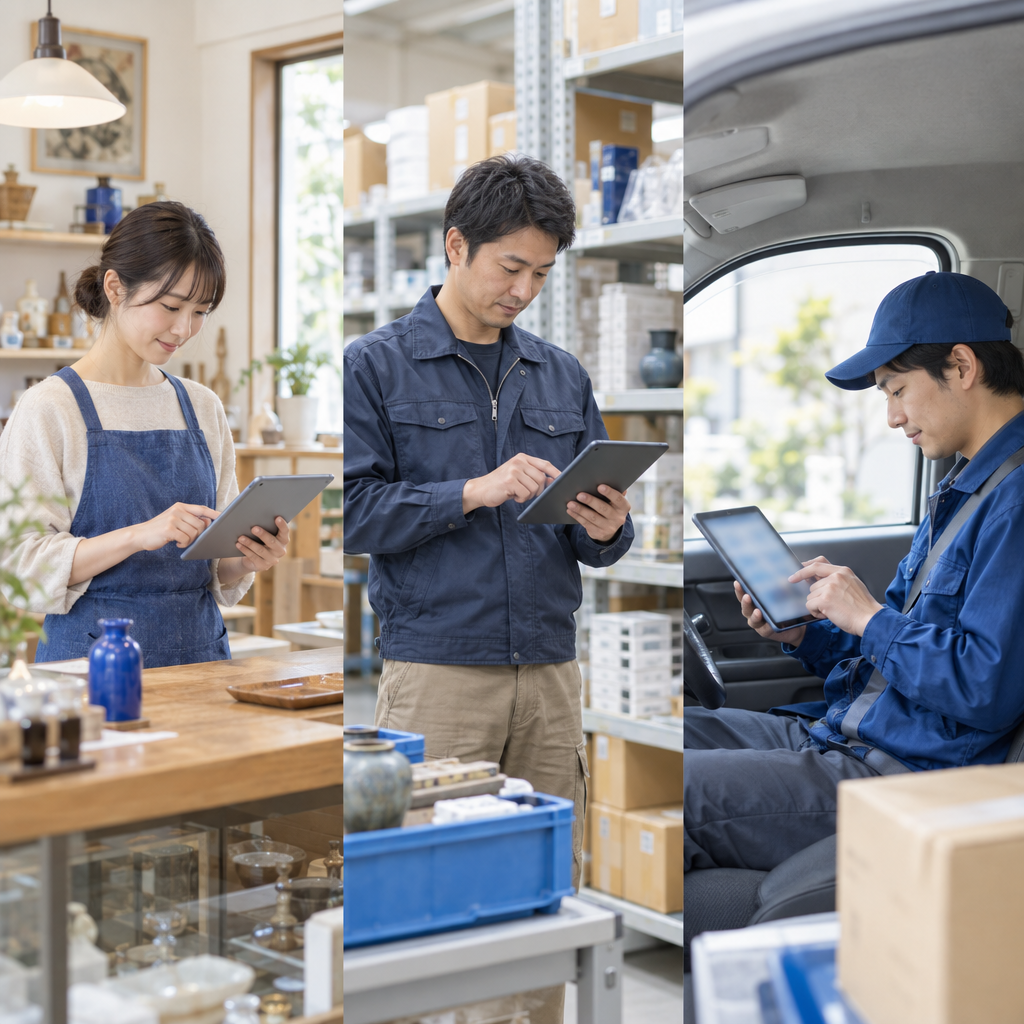 店舗・倉庫・車内で、それぞれの業者がタブレットから入札するイメージ