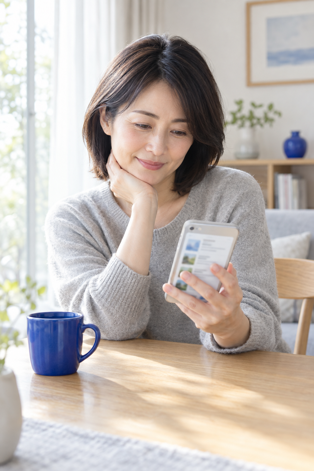 食卓でスマートフォンの査定一覧を見比べる40代の女性（イメージ）