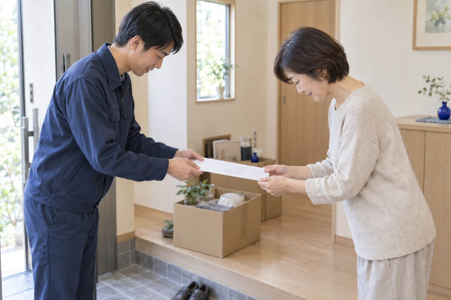 玄関先で、業者が依頼者に書面を手渡す場面（イメージ）