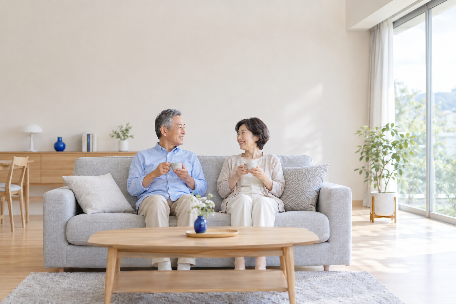 片付いた明るいリビングのソファで、お茶を飲みながら微笑み合う60代の夫婦（イメージ）