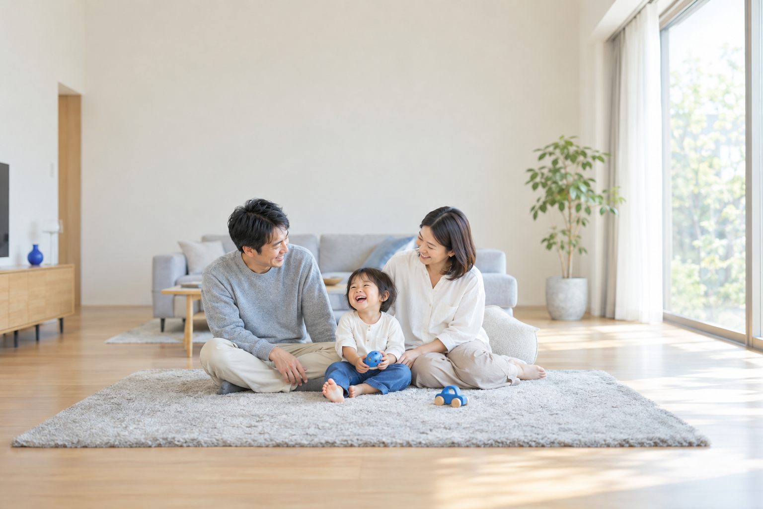片付いた広いリビングのラグで、子どもと笑い合う30代の夫婦（イメージ）