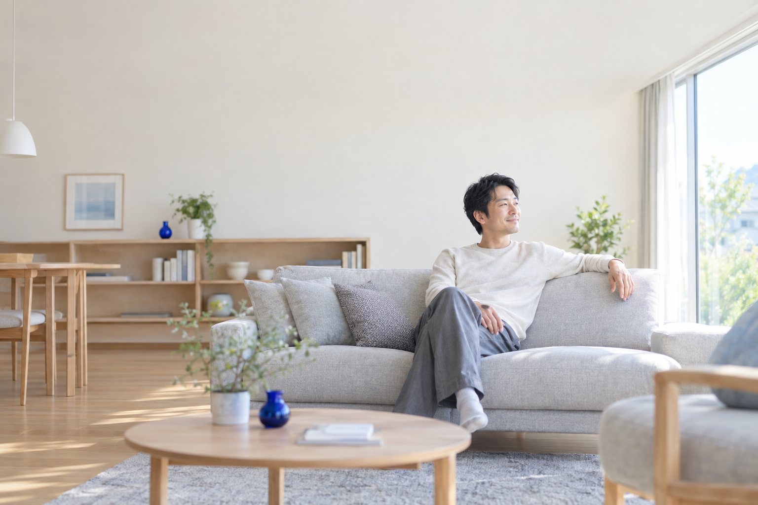 片付いた明るいリビングのソファで、ゆったり座る30代の男性（イメージ）