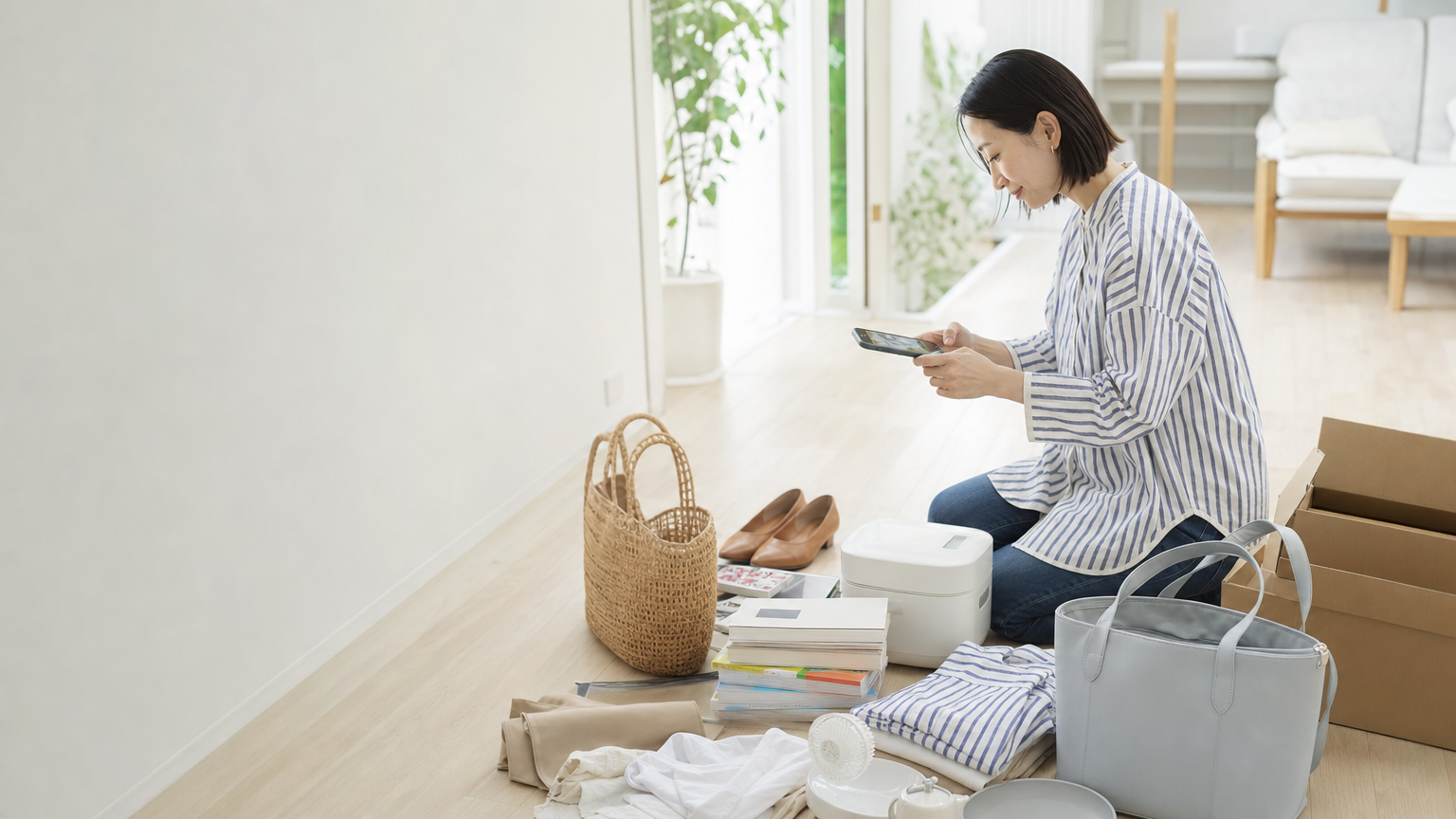 自宅のリビングで、家じゅうの不用品をまとめてスマホで撮影する女性