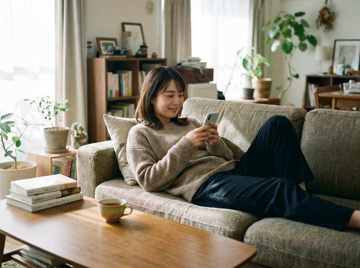 ソファで連絡を待つ女性