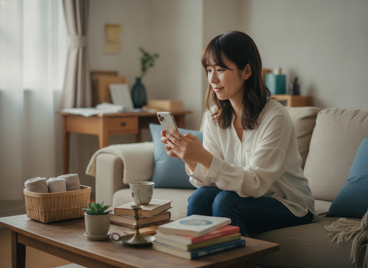 ソファに座り、不用品を1点ずつスマートフォンで撮影する女性
