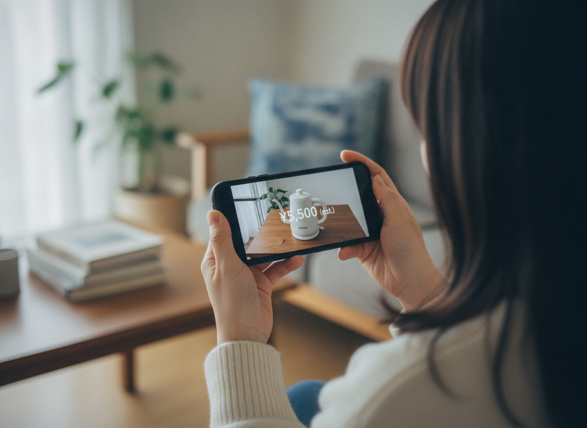 スマホ画面に品物ごとのAI仮査定額が表示されている様子