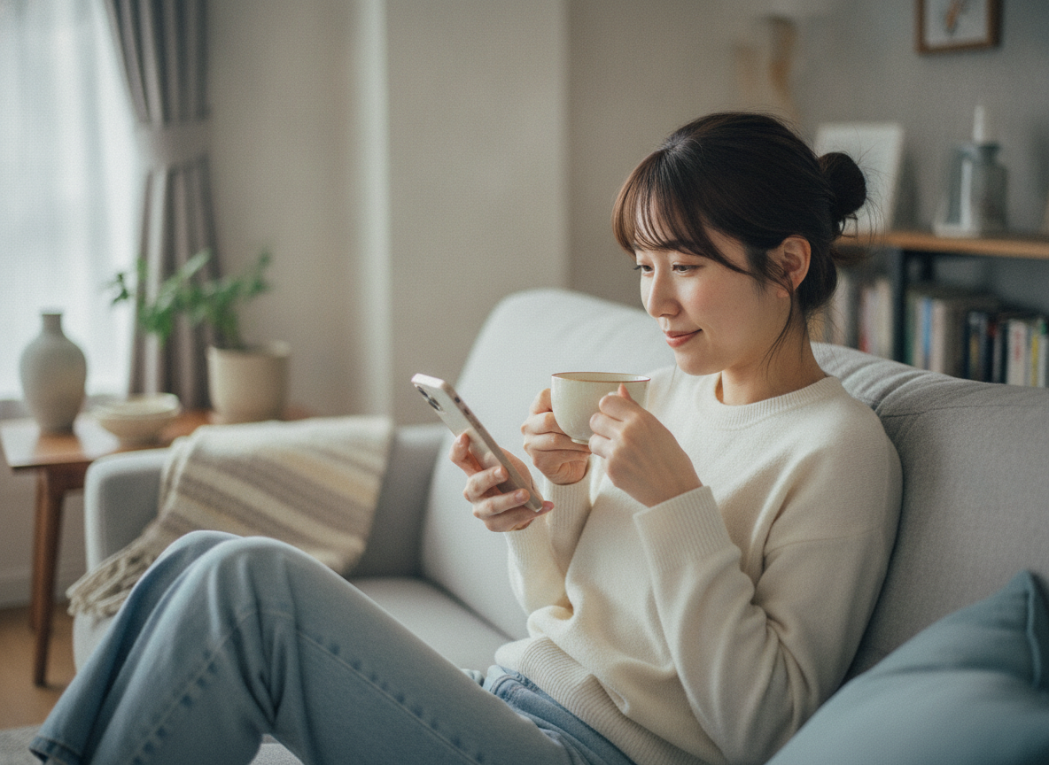 ソファでくつろぎ、上位3社からの連絡をゆったり待つ女性