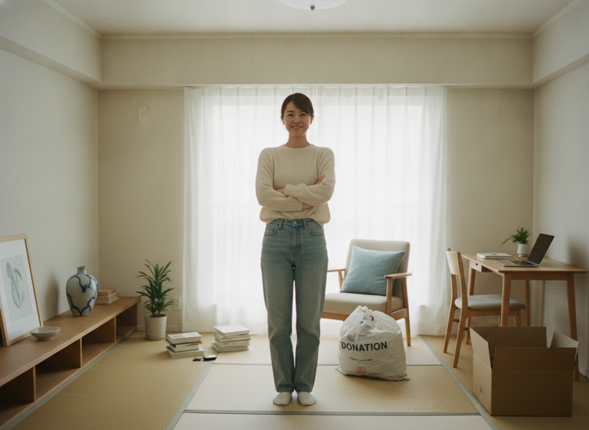 片付いてすっきりした明るい部屋で、満足そうにくつろぐ女性