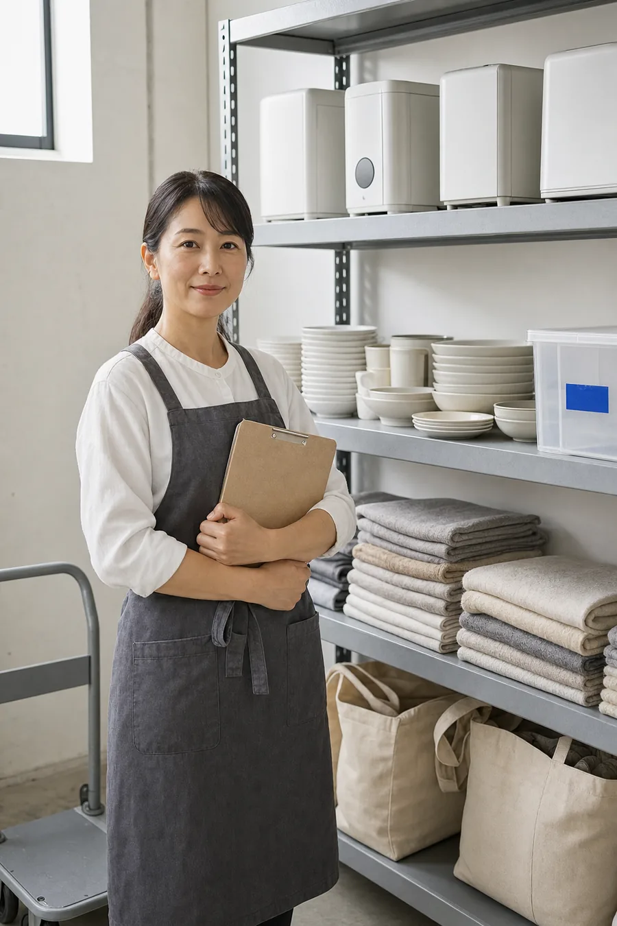 仕分けた棚の前に立つリユース業者のスタッフ(イメージ)