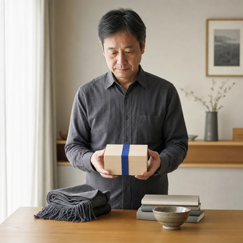 静かな部屋で小さな木箱を手にする50代の男性（架空のモデルケース）