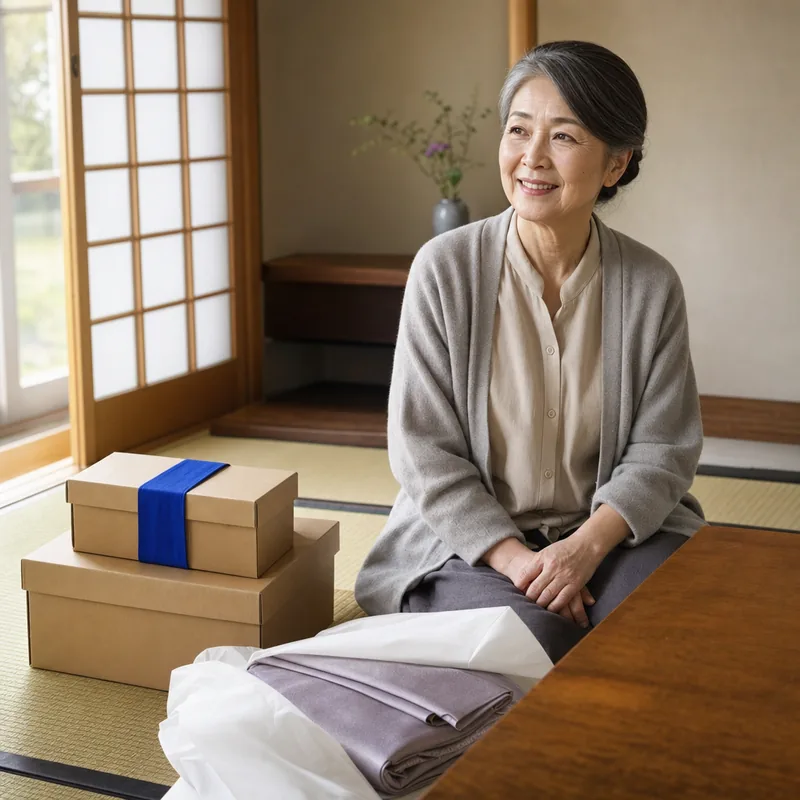 和室で品物を整理する60代の女性（架空のモデルケース）