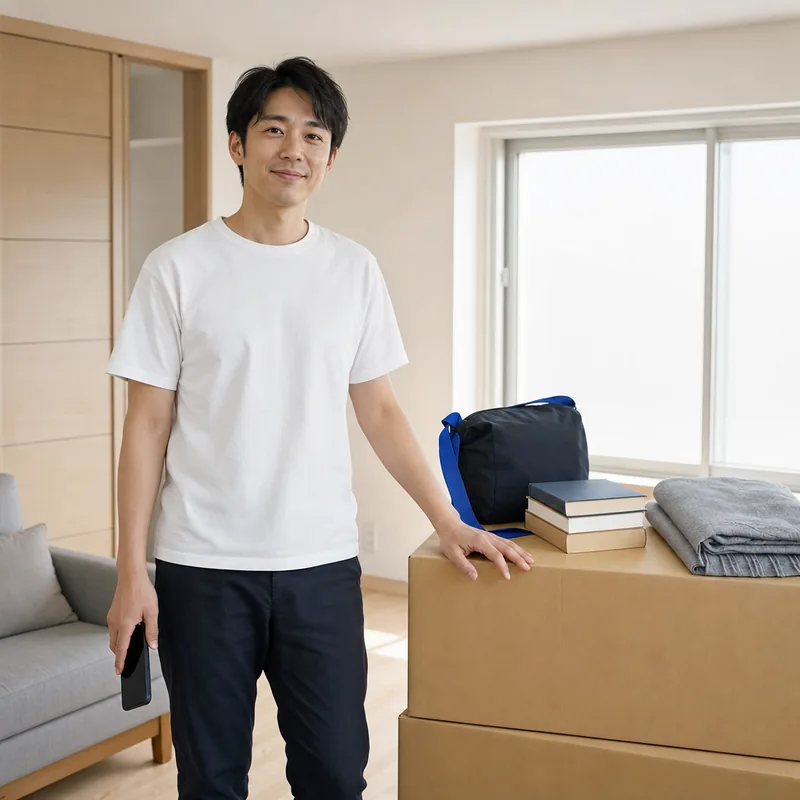 引越し前のリビングでスマートフォンを持つ30代の男性（架空のモデルケース）