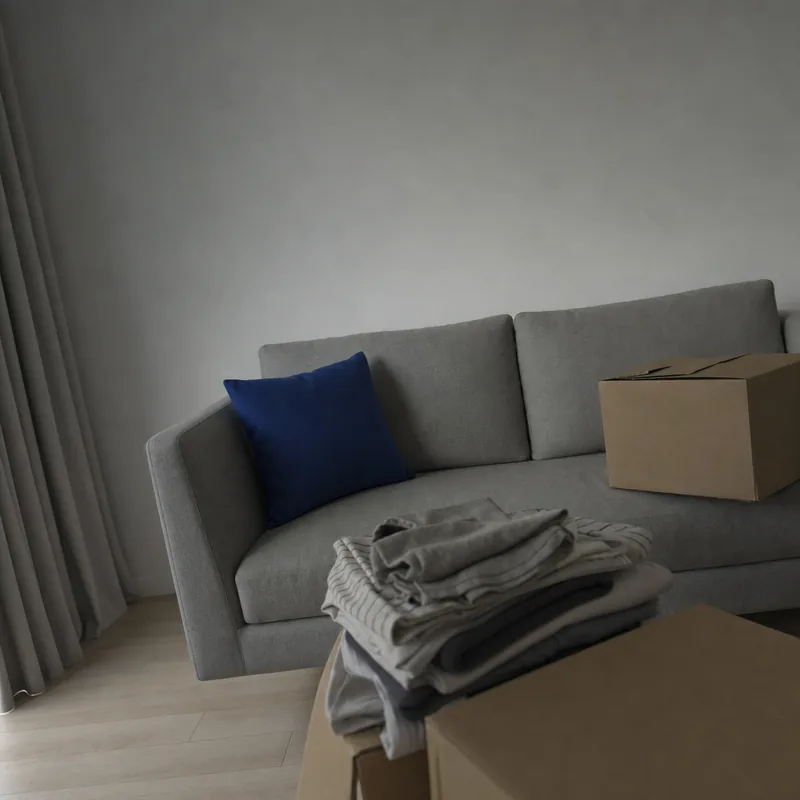 暗い部屋で、洗濯物や箱が重なり、ソファが右端で見切れている