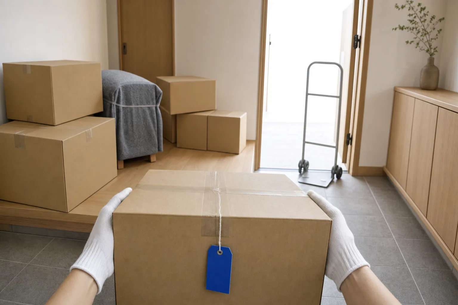 玄関先で、まとめた品物を業者に引き渡す場面（イメージ）