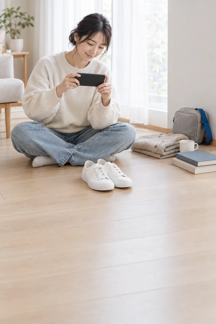 リビングの床で、不用品をスマートフォンで撮影する20代の女性（イメージ）