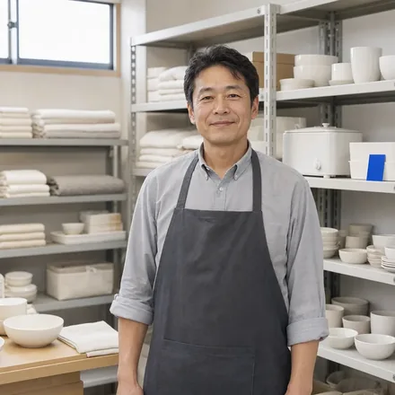 店の棚の前に立つリユース店の店主(架空のモデルケース)